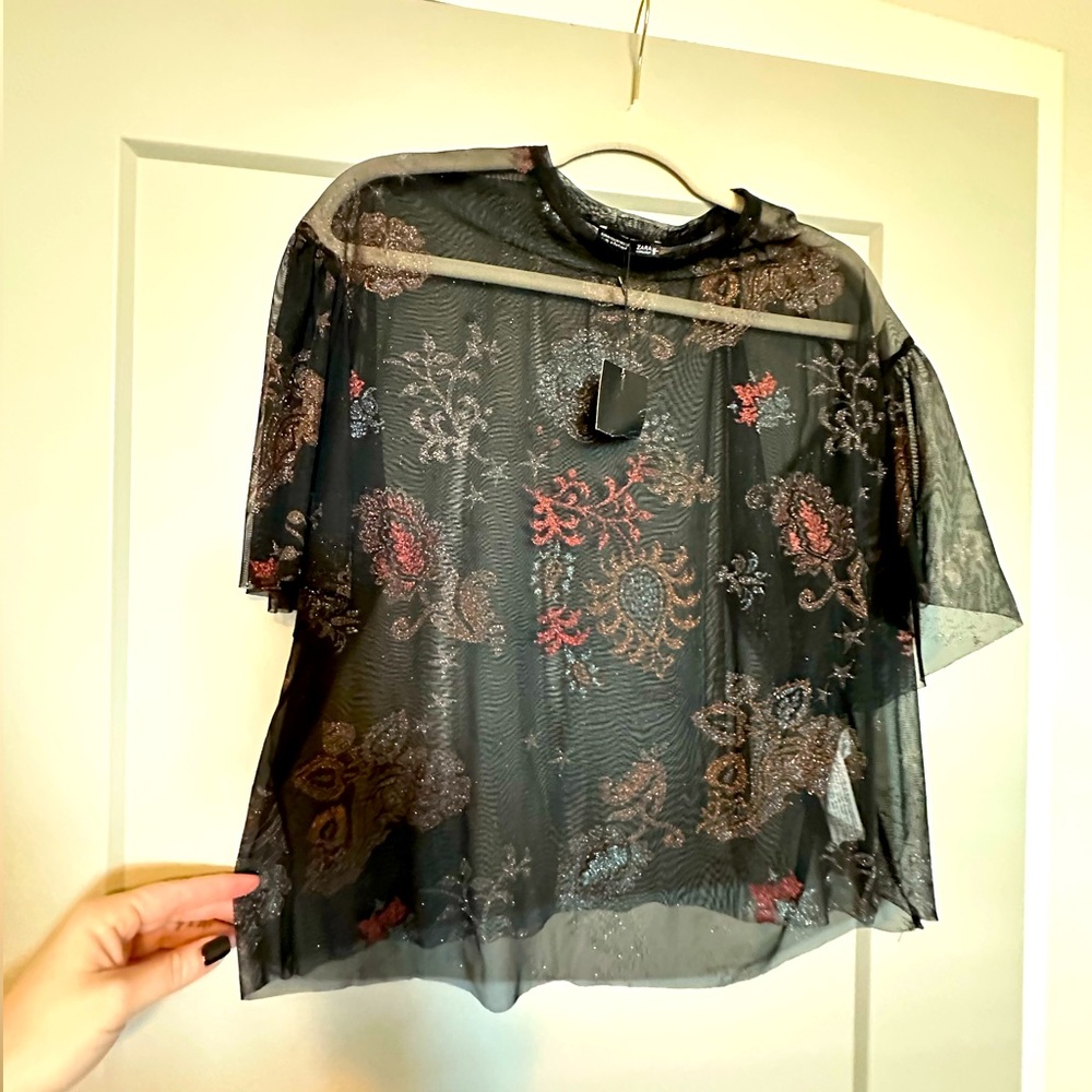 ZARA nwt black semi-sheer mid-sleeved top. Size M but runs big it seems.